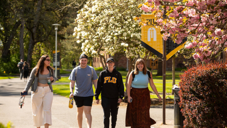 four students walking on campus in sun