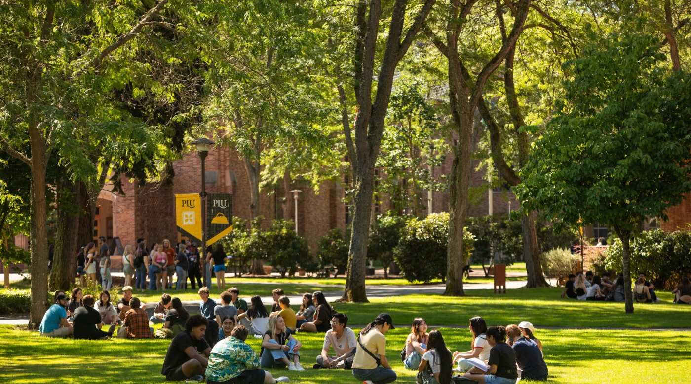 students sit outside in circles amongst the trees