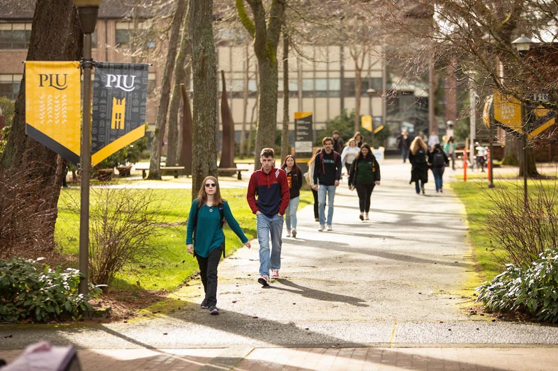 PLU students in spring, on the first day of classes