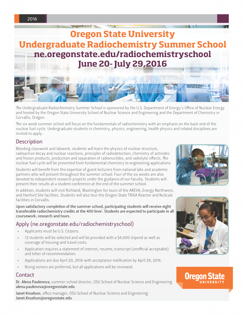 Paid summer school program in radiochemistry at OSU. Apps due Apr 20th