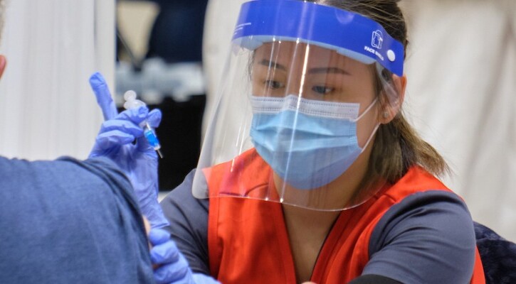 Mobile COVID-19 vaccination clinic held in Olson involving may PLU nursing students and staff conducted by the Tacoma-Pierce County Health Dept. with Multicare, Thursday, Feb. 11, 2021, at PLU. (PLU Photo/John Froschauer)