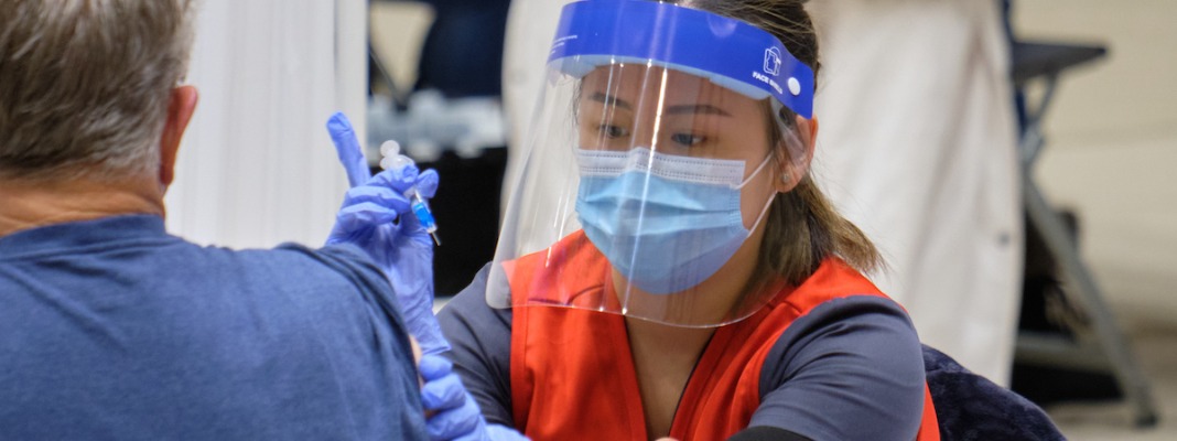 Mobile COVID-19 vaccination clinic held in Olson involving may PLU nursing students and staff conducted by the Tacoma-Pierce County Health Dept. with Multicare, Thursday, Feb. 11, 2021, at PLU. (PLU Photo/John Froschauer)