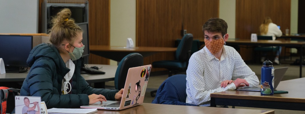 Students studying in the library during the COVID-19 pandemic early in spring semester, Wednesday, Feb. 24, 2021, at PLU. (Photo/John Froschauer)