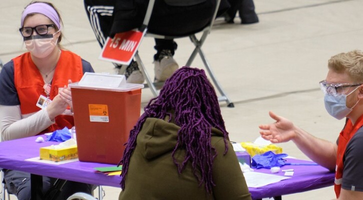 Mobile COVID-19 vaccination clinic held in Olson involving may PLU nursing students and staff conducted by the Tacoma-Pierce County Health Dept. with Multicare, Thursday, Feb. 11, 2021, at PLU. (PLU Photo/John Froschauer)