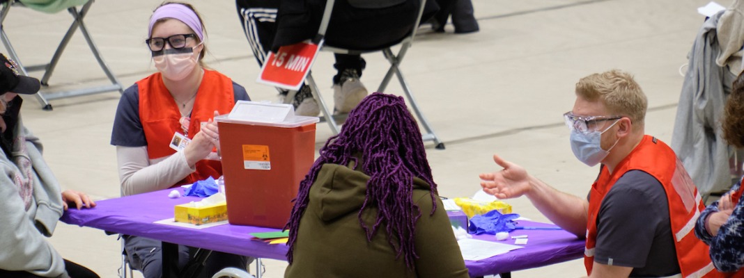 Mobile COVID-19 vaccination clinic held in Olson involving may PLU nursing students and staff conducted by the Tacoma-Pierce County Health Dept. with Multicare, Thursday, Feb. 11, 2021, at PLU. (PLU Photo/John Froschauer)