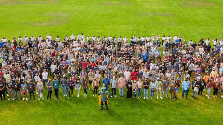 Group photo during move-in and new student orientation, Friday, Sept. 3, 2021, at PLU. (Photo/John Froschauer)