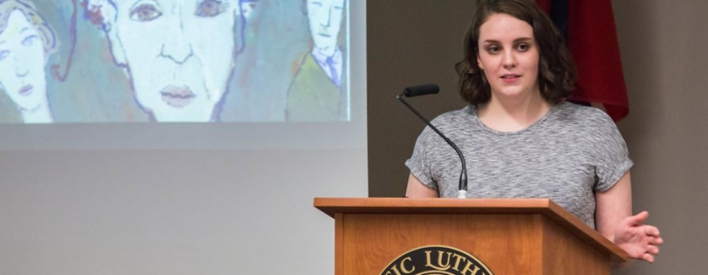 Carli Snyder talks about her research and essay as the winner of the Lemkin Essay Contest at PLU, Tuesday, April 4, 2017. (Photo: John Froschauer/PLU)