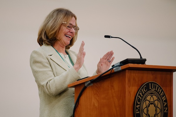 Carol Heller speaks before the keynote address titled “Wartime North Africa” during the 15th Annual Powell-Heller Conference for Holocaust Education, Thursday, Oct. 26, 2023, at PLU. (PLU Photo / Emma Stafki).