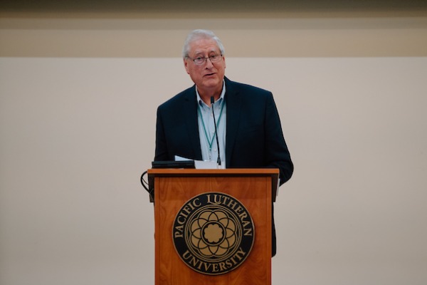 Convener Dr. Christopher Browning, the Frank Porter Graham Professor of History at the University of North Carolina, introduces Sarah Abrevaya Stein before her the keynote address titled “Wartime North Africa” during the 15th Annual Powell-Heller Conference for Holocaust Education, Thursday, Oct. 26, 2023, at PLU. (PLU Photo / Emma Stafki).