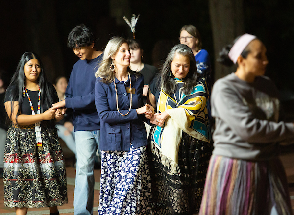 Nisqually and Puyallup tribal members, along with Chief Leschi students, lead a Jam session with drumming, song and dance, Thursday, Sept. 26, 2024, in Red Square at PLU. (PLU Photo / Joseph Middleton).