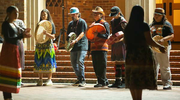 Nisqually and Puyallup tribal members, along with Chief Leschi students, lead a Jam session with drumming, song and dance, Thursday, Sept. 26, 2024, in Red Square at PLU. (PLU Photo / Joseph Middleton).