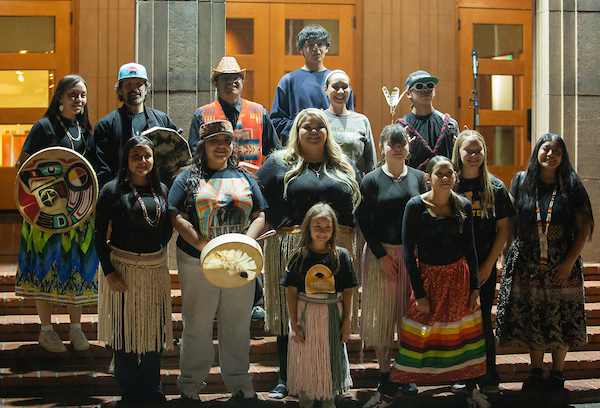 Nisqually and Puyallup tribal members, along with Chief Leschi students, lead a Jam session with drumming, song and dance, Thursday, Sept. 26, 2024, in Red Square at PLU. (PLU Photo / Joseph Middleton).