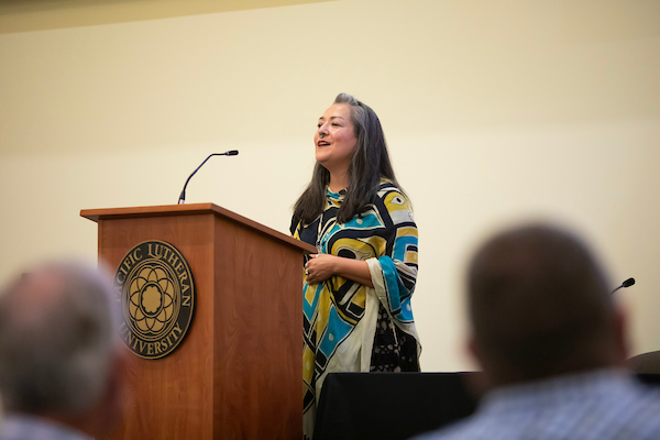 Cynthia Savini leads a Healing Song during the Lutheran Studies Conference, Thursday, Sept. 26, 2024, at PLU. (PLU Photo / Sy Bean)