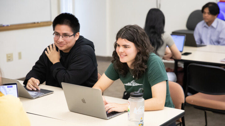 Image: Students work on group projects in the MATH 348 course titled “Statistical Computing and Consulting,” Friday, April 19, 2024, in Morken at PLU.