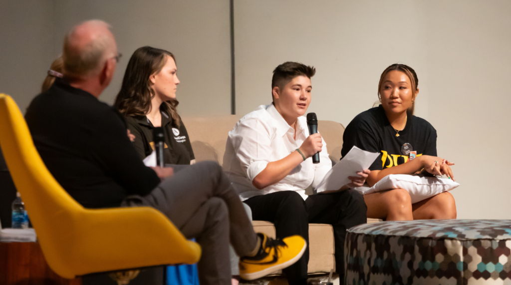 Ash Bechtel answers a question from a first-year student during the Welcome to PLU panel on Friday, Sept. 1, 2023.