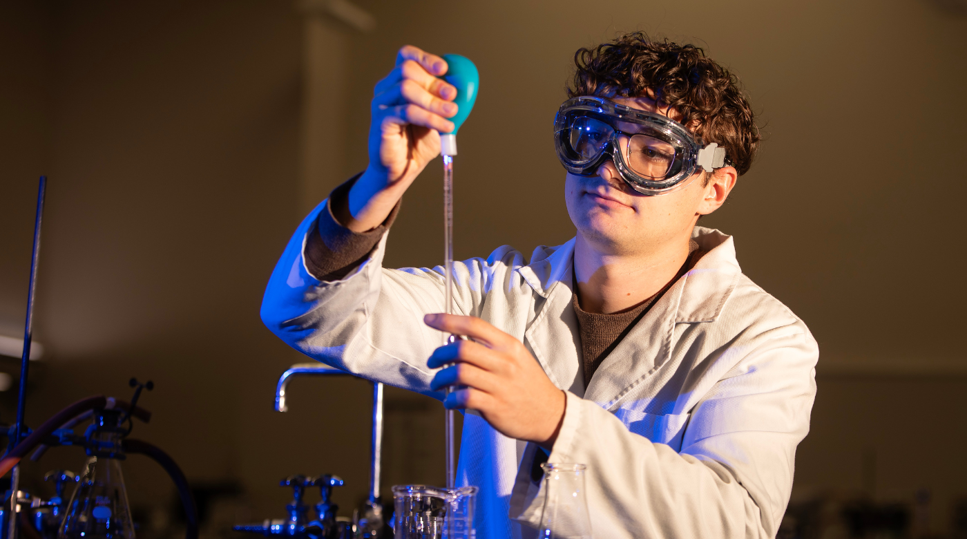 PLU Chemistry major Vinny D’Onofrio poses for his Senior Spotlight portrait, Friday, May 3, 2024, in the Rieke Science Center at PLU.