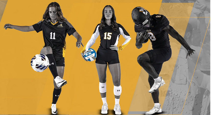 Three student athletes stand in front of a graphic background of black and gold.