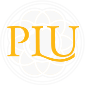 PLU in yellow lettering over a grey rose window