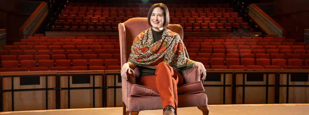 Image: Theatre Professor Amanda Sweger in Karen Hille Phillips Center for the Performing Arts. (PLU Photo/Sy Bean)