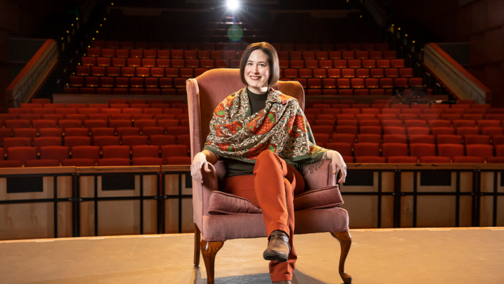 Image: Theatre Professor Amanda Sweger in Karen Hille Phillips Center for the Performing Arts. (PLU Photo/Sy Bean)